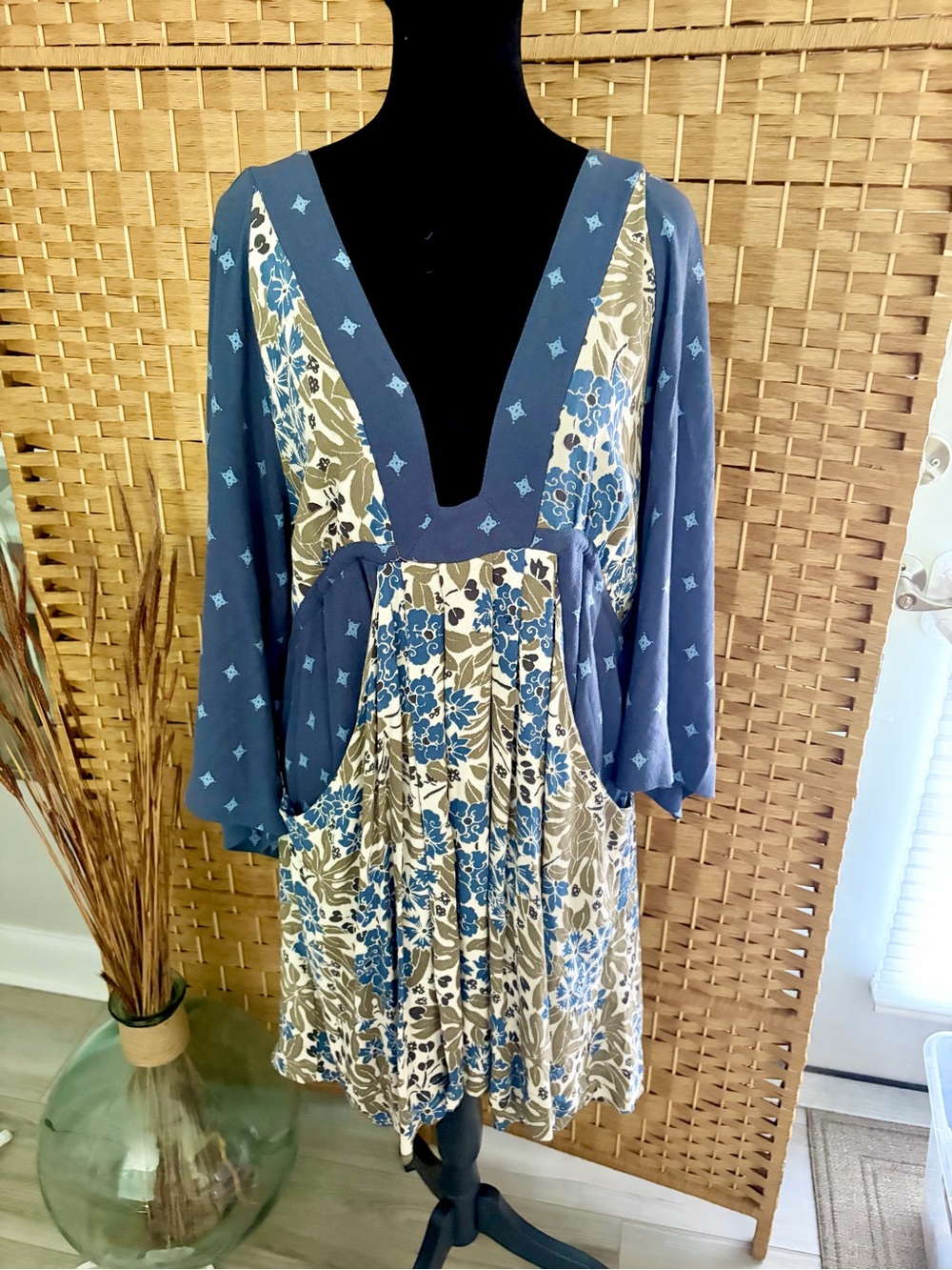 Free People Blue Floral Deep V Mini Dress